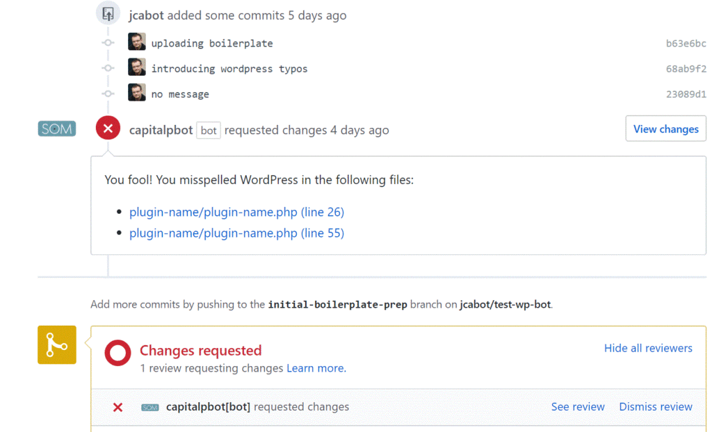 CapitalP WordPress bot change requests on code files
