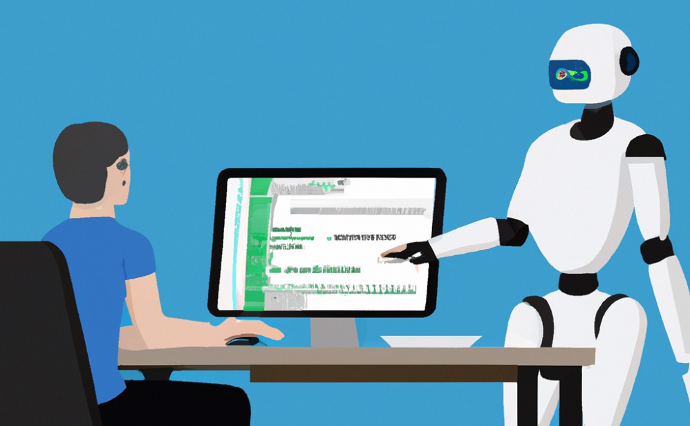 a robot doing pair programming with a human developer